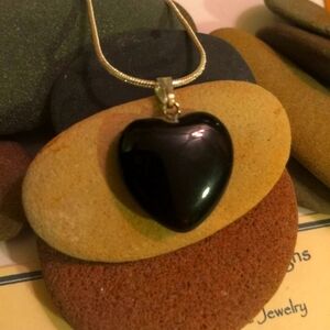 Black Stone Heart Necklace,Sterling Silver Chain,Natural Black Beauty,Black Hear